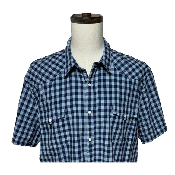 Lucky Brand Shirt Mens XXL Blue Linen Blend Plaid Pearl Snap Western Classic Fit - Picture 1 of 9